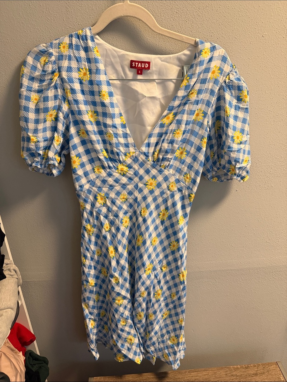 STAUD Blue and Yellow Gingham Daisy Mini Dress
